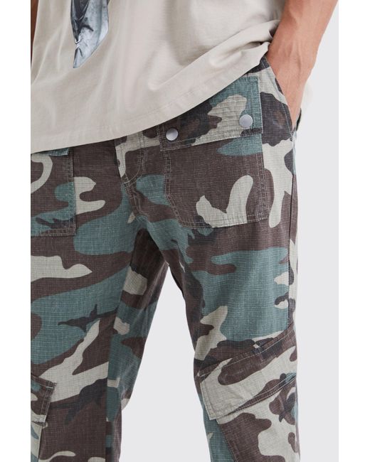 BoohooMAN Gray Tall Slim Stacked Gusset Flare Multi Cargo Camo Trouser for men