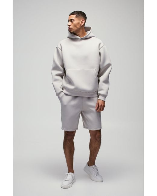 BoohooMAN Gray Oversized Boxy Bonded Scuba Hooded Short Tracksuit for men