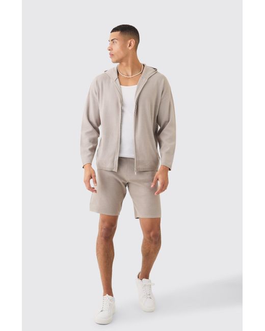 BoohooMAN Natural Knitted Zip Through Hooded Short Tracksuit for men