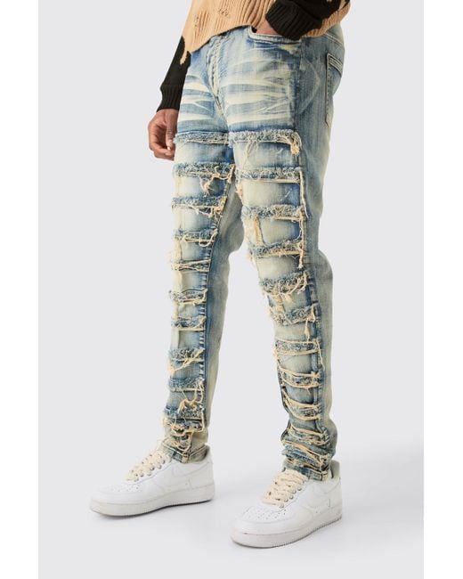 BoohooMAN Blue Tall Stretch Skinny Rip And Repair Jean for men