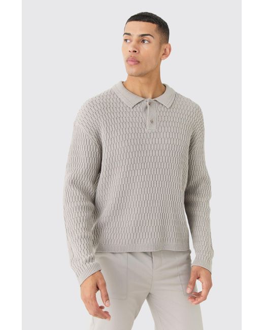 BoohooMAN Gray Regular Long Sleeve Textured Knit Polo for men
