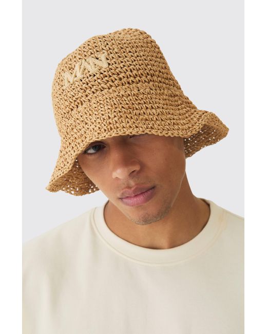 BoohooMAN White Man Raffia Bucket Hat In Khaki for men