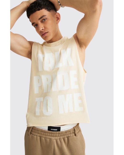 BoohooMAN Natural Boxy Talk Pride To Me Distressed Tank for men