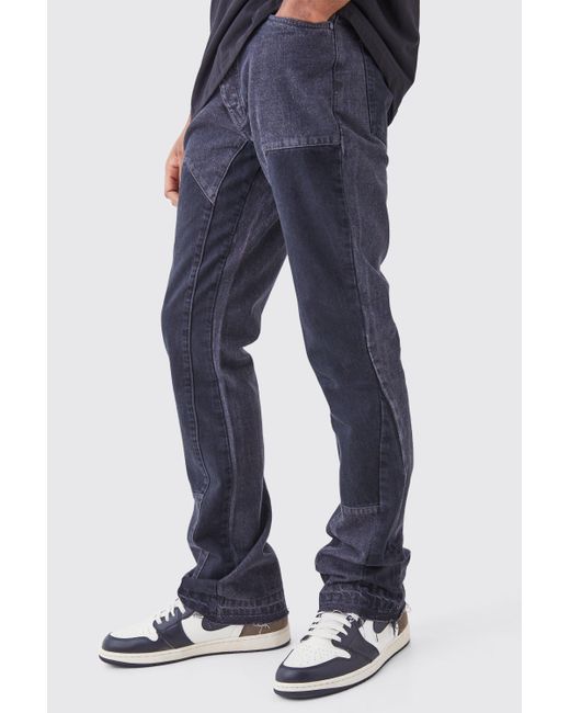 BoohooMAN Blue Tall Slim Rigid Flare Overdye Carpenter Jeans for men