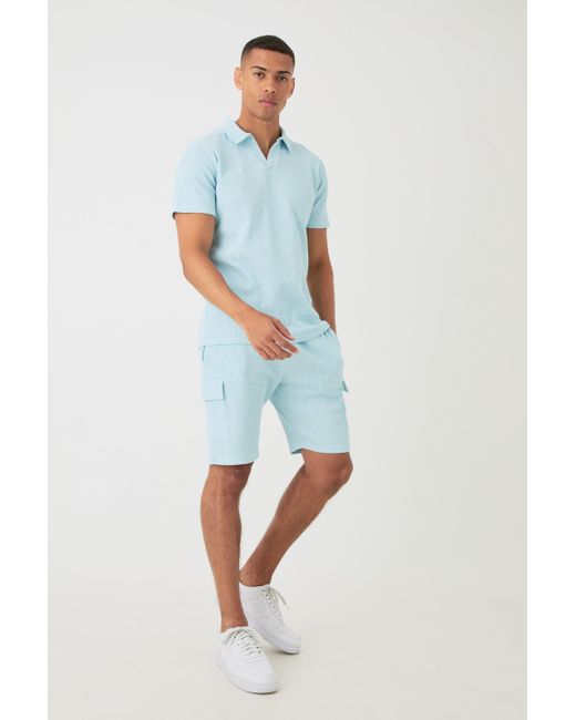 BoohooMAN Blue Slim Waffle Revere Polo And Cargo Shorts Set for men