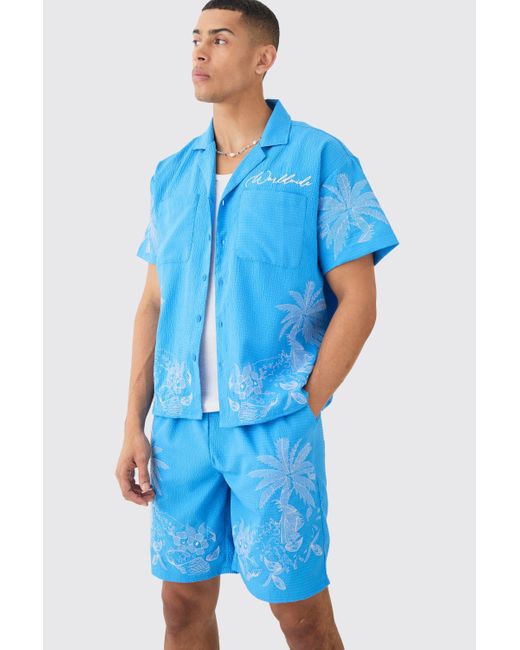 BoohooMAN Blue Boxy Seersucker Embroidered Floral Shirt & Short for men