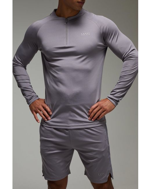 BoohooMAN Gray Man Active Crew Neck 1/4 Zip Short Tracksuit for men