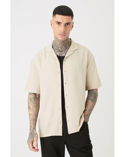 BoohooMAN Tall Short Sleeve Drop Revere Linen Shirt In Natural for men