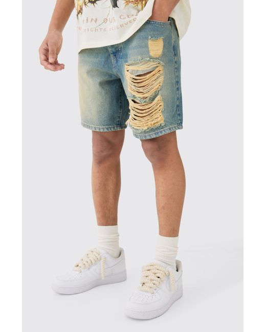 BoohooMAN Blue Relaxed Rigid Ripped Denim Short In Antique Wash for men