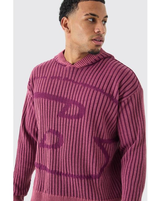 BoohooMAN Pink Oversized Boxy Branded Knitted Hoodie for men