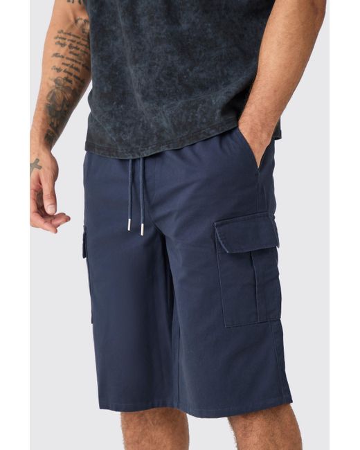 BoohooMAN Blue Elastic Waist Navy Relaxed Fit Longer Length Cargo Shorts for men