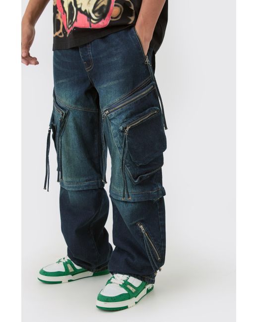 BoohooMAN Blue Baggy Rigid Zip Off Leg Cargo Pocket Strap Denim Jean In Indigo for men