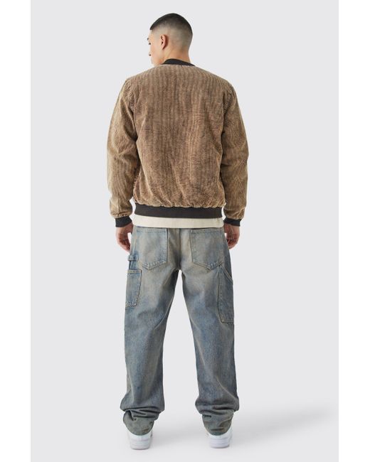 BoohooMAN Brown Cord Acid Wash Qulited Bomber Jacket In Chocolate for men