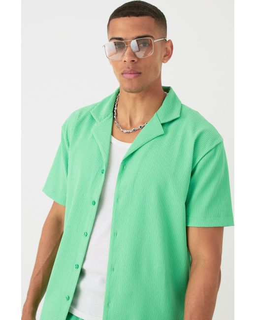 BoohooMAN Green Short Sleeve Oversized Lightweight Pleat Shirt & Short Set for men