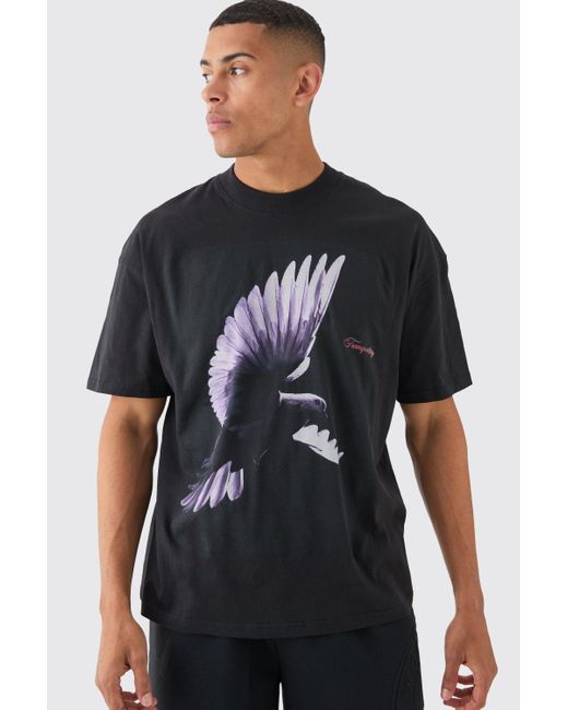BoohooMAN Black Oversized Extended Neck Dove Graphic T-shirt for men