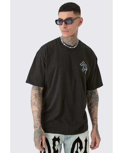 Boohoo Tall Oversized Cross Embroidered T-shirt In Black