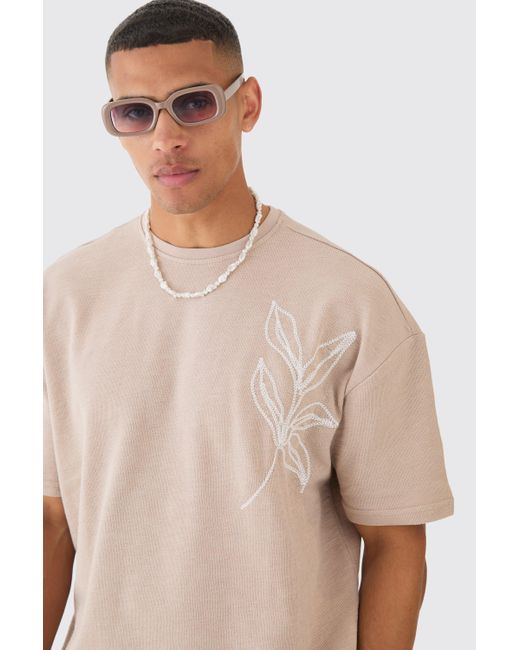 BoohooMAN Natural Oversized Embroidered Slub T-shirt for men