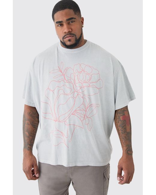 BoohooMAN White Plus Oversized Floral Stencil Print T-shirt In Grey for men
