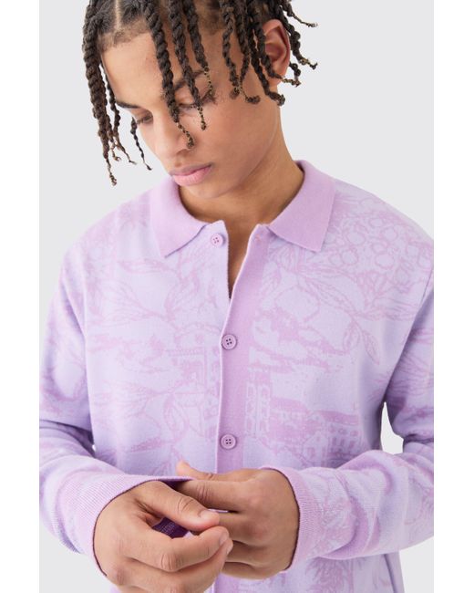 BoohooMAN Purple Long Sleeve Palm Patterned Knitted Shirt In Lilac for men