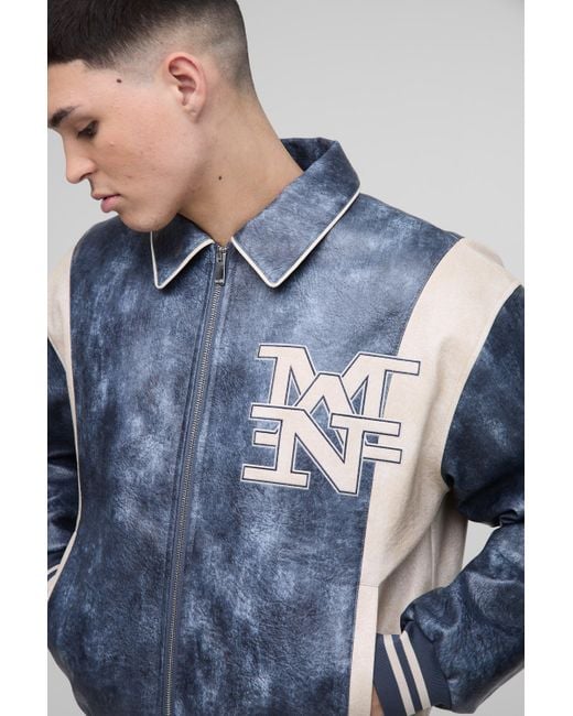 BoohooMAN Blue Boxy Man Badge Crinkle Pu Varsity Jacket for men
