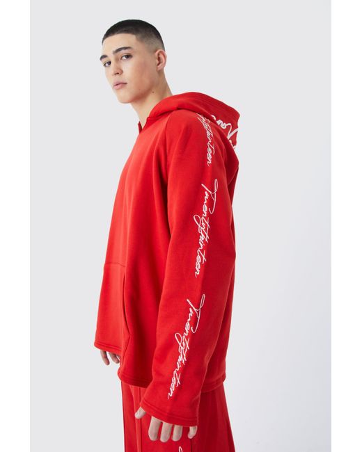 BoohooMAN Oversized Raw Edge Script Embroidered Hoodie for men