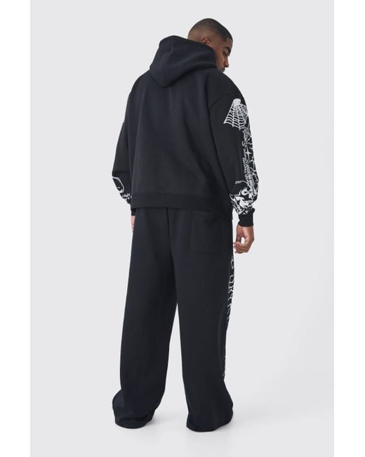 BoohooMAN Black Plus Oversized Boxy Sleeve Print Hoodie for men