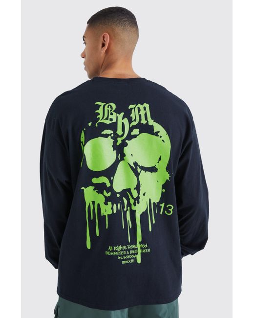 BoohooMAN Green Oversized Long Sleeve Skull Graphic T-shirt for men