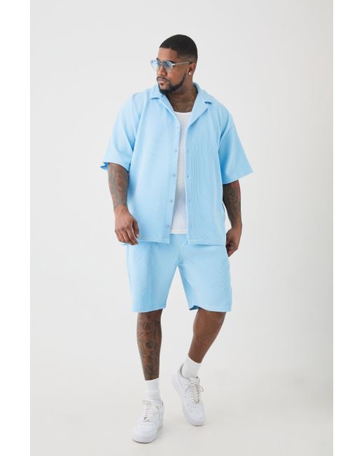 BoohooMAN Plus Drop Revere Pleated Shirt & Short Set In Blue for men
