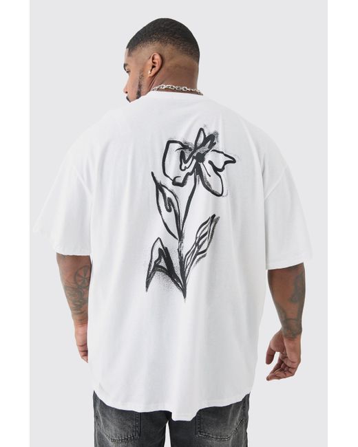 Boohoo Plus Mono Floral Back Print T-shirt In White