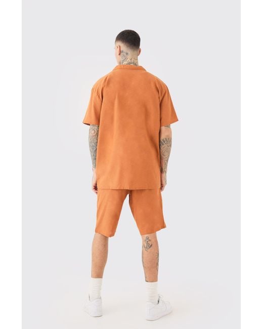 BoohooMAN Orange Tall Oversized Linen Drop Revere Shirt & Short Set In Brown for men