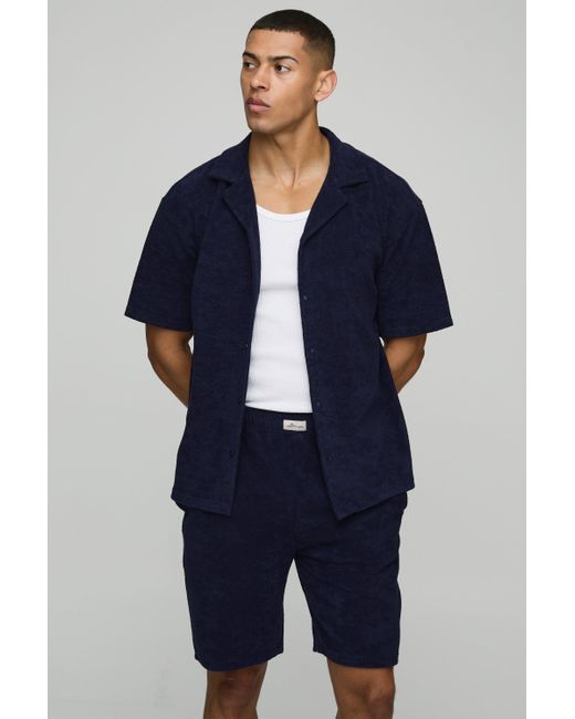 BoohooMAN Blue Oversized Revere Towelling Shirt & Loose Short Set for men
