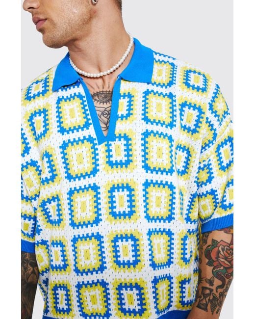 BoohooMAN Blue Short Sleeve Boxy Fit Revere Crochet Polo for men