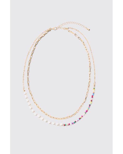 2 Pack Multi Beaded Pearl Necklaces In Gold Boohoo de color White
