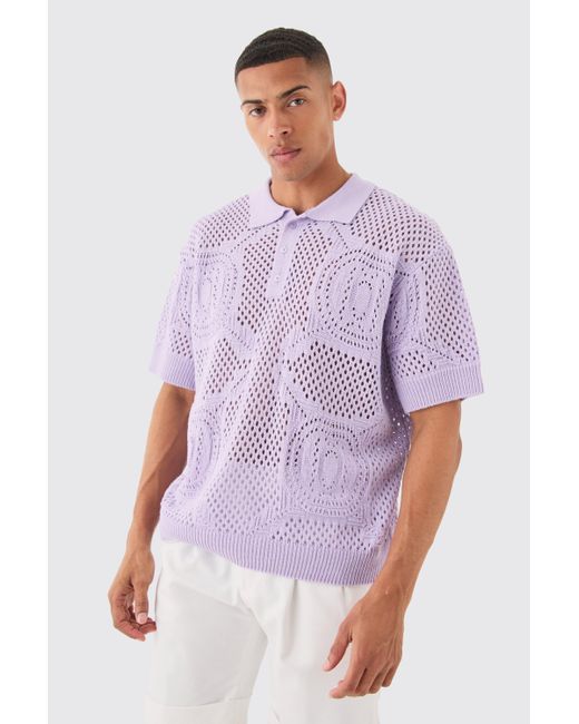 BoohooMAN Purple Oversized Boxy Open Stitch All Over Textured Polo In Lilac for men