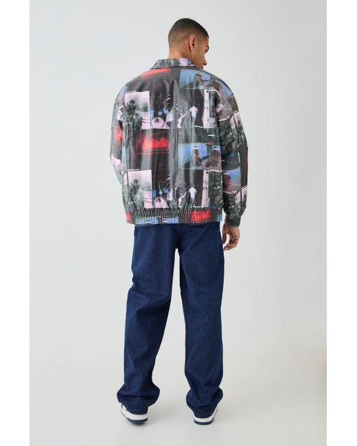 BoohooMAN Blue Oversized Collared Printed Bomber for men