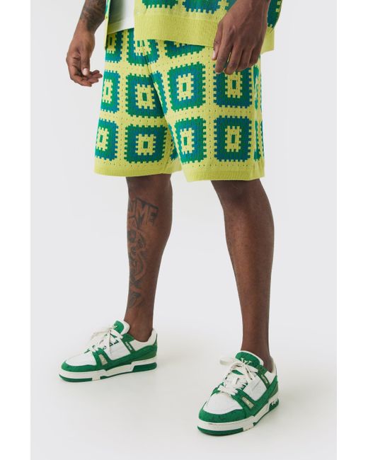 BoohooMAN Green Plus Crochet Relaxed Fit Shorts for men