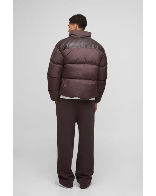 BoohooMAN Brown Regular Fit Pu Yoke Nylon Panel Puffer Jacket for men