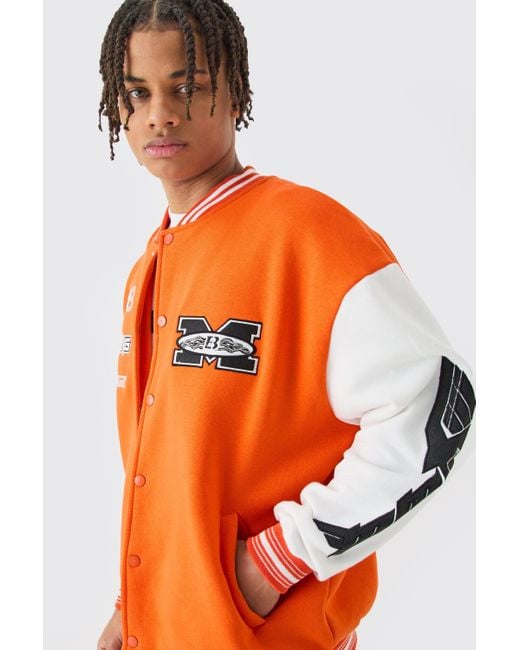 BoohooMAN Orange Oversized Moto Applique Jersey Bomber Jacket for men