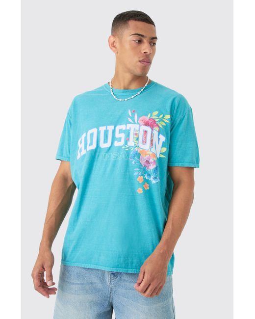 BoohooMAN Blue Oversized Extended Neck Houston Floral T-shirt for men