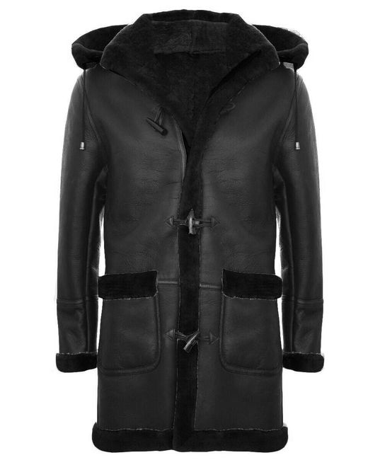 BoohooMAN Black Infinity Leather Winter Sheepskin Hooded Duffle Coat-helsinki for men
