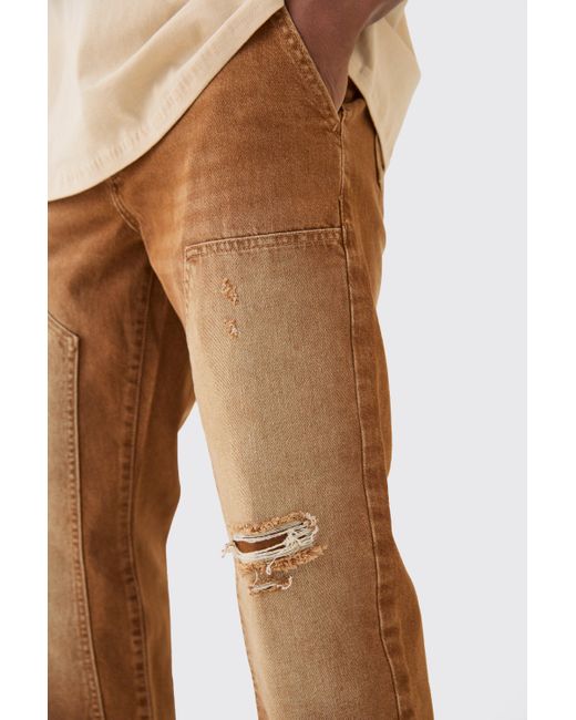 BoohooMAN Relaxed Rigid Ripped Carpenter Denim Jean In Brown for men