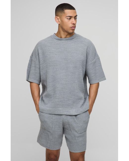 Conjunto De Pantalón Corto Y Camiseta Recta De Punto Y Canalé Boohoo de color Gray