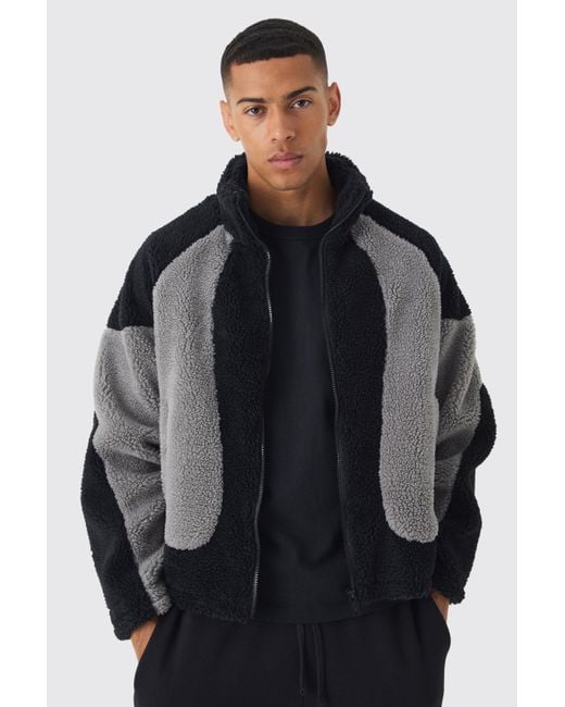 BoohooMAN Black Colour Block Borg Jacket for men