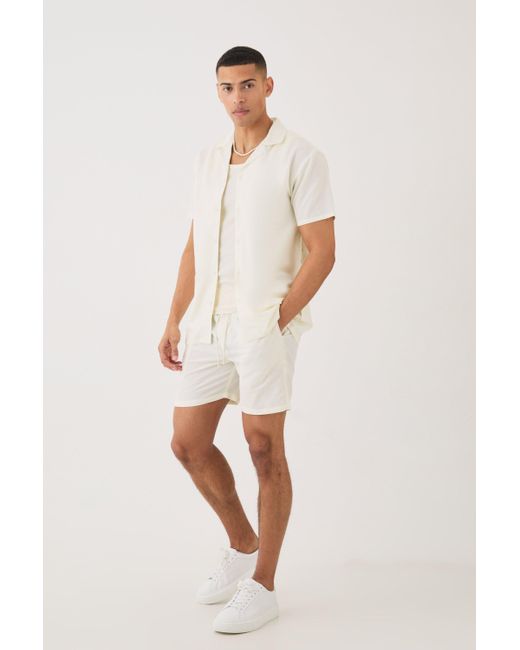 BoohooMAN Natural Short Sleeve Linen Shirt & Short Set for men