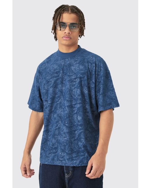 BoohooMAN Blue Oversized Burnout Towelling Jacquard T-shirt for men