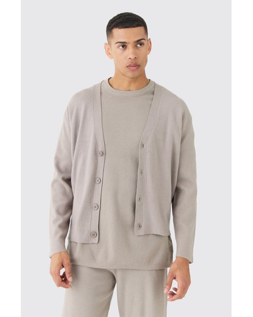 BoohooMAN Gray Boxy Fit Knitted Cardigan for men
