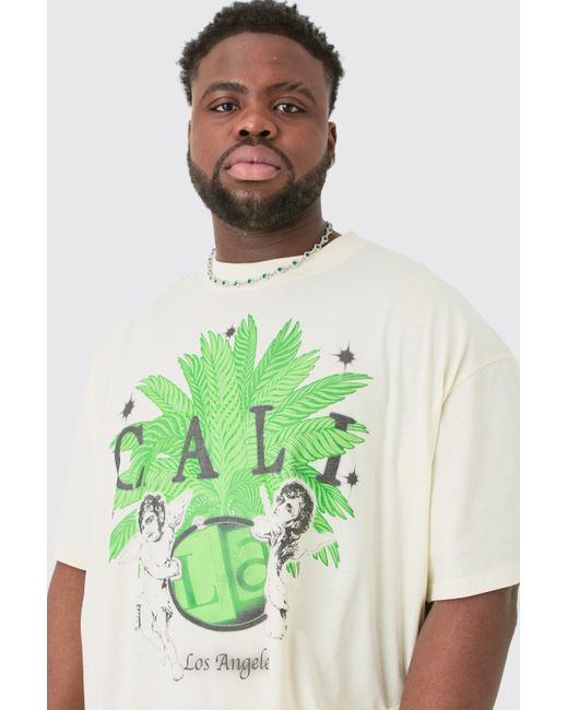 BoohooMAN Green Plus Oversized Extended Neck Cherub Print T-shirt for men