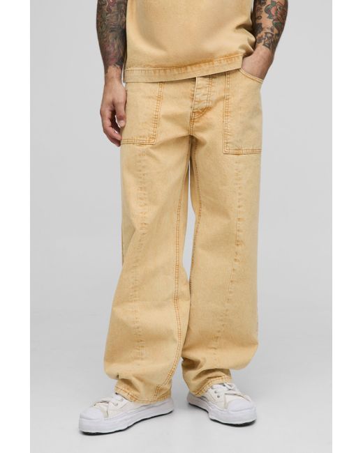 BoohooMAN Natural Relaxed Fit Tinted Panelled Jeans for men