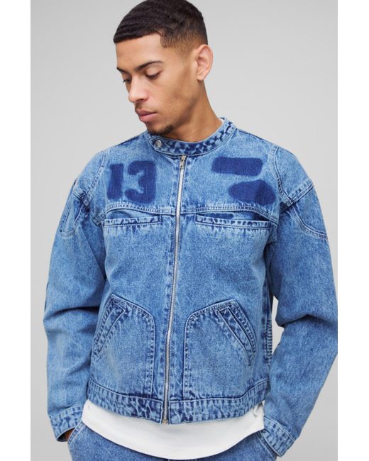 BoohooMAN Blue Denim Varsity Boxy Biker Eyelet Detail Jacket for men