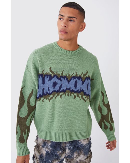 BoohooMAN Green Boxy Homme Graffiti Knitted Jumper for men